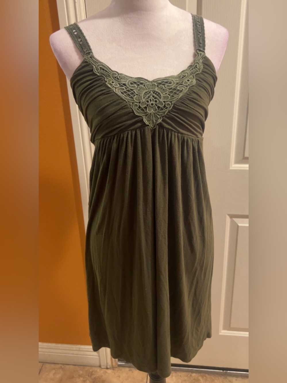 Arden B | Olive Green Lace-Trim Chemise Midi Summer Dress Women’s